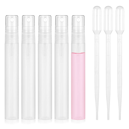 Bewudy 5Pcs Mini Spray Bottle, 10ml Mini Plastic Spray Bottle Empty with 3 Pcs Transfer Pipettes, Fine Mist Refillable Mini Perfume Bottle, Perfume Atomizer Clear Plastic Portable Travel Bottle(10ML)