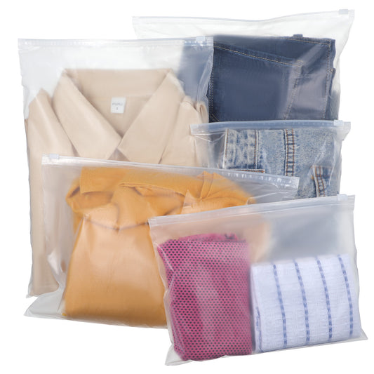 JIYIN 25 Pcs Travel Storage Bags, Reusable Plastic Bags Clothes Packaging Bags, 5 Sizes Travel Luggage Organizer Bags Resealable Clothing Zipper Bags Pouch for Clothes Shoes Cosmetics(Frosted type)