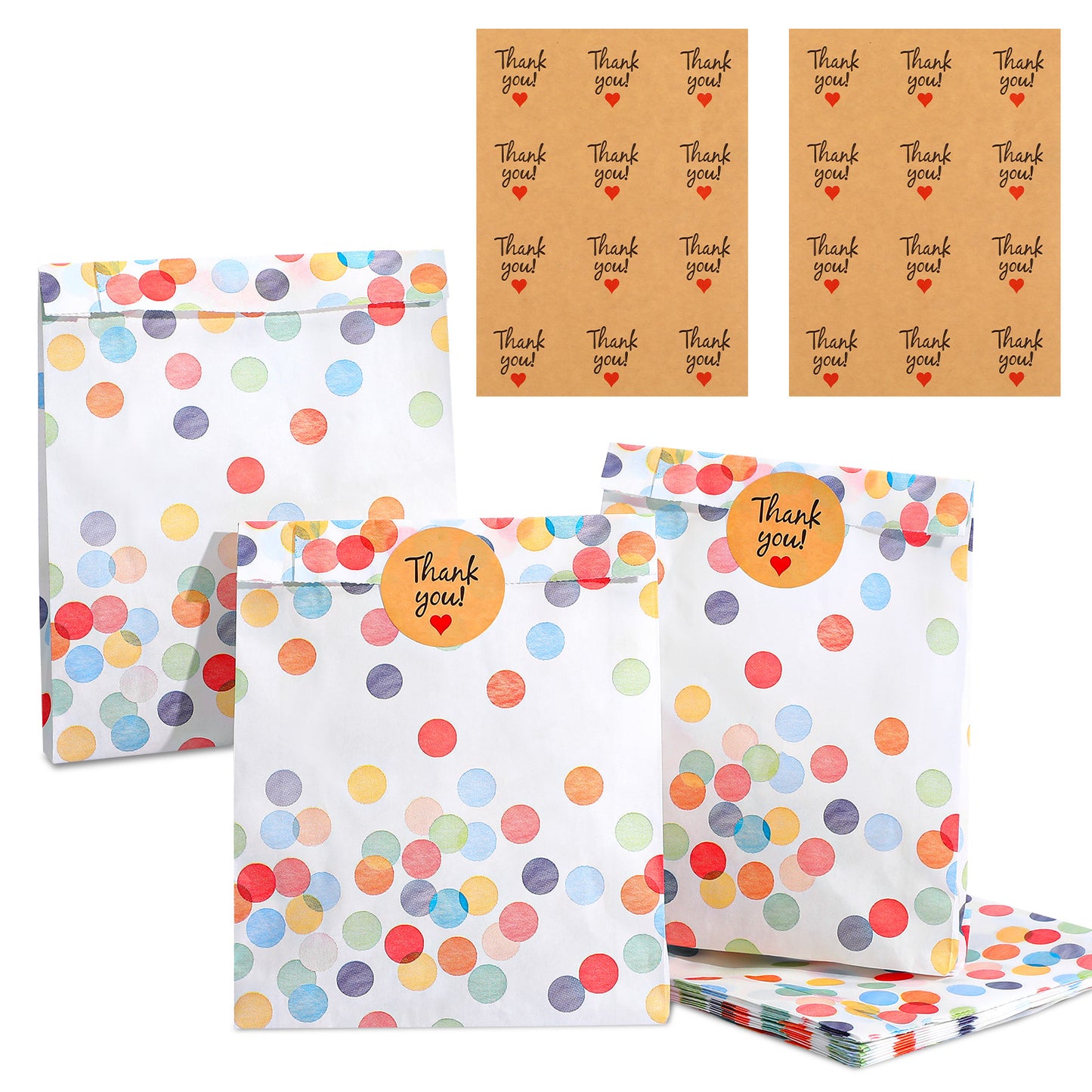 TIESOME 40 Pack Party Favor Bags with 48 Stickers, Multicolor Dots Paper Gift Bags for Birthdays Weddings Celebrations, 6.69x5.12x1.18in(20)