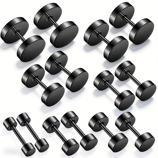 HJZHII 7 Pairs Fake Gauge Earrings, 14 Pcs Black Stainless Steel Round Fake Screw Studs Tapers Plugs for Men Women Ear Tunnel, 4-10 mm(7 Sizes)