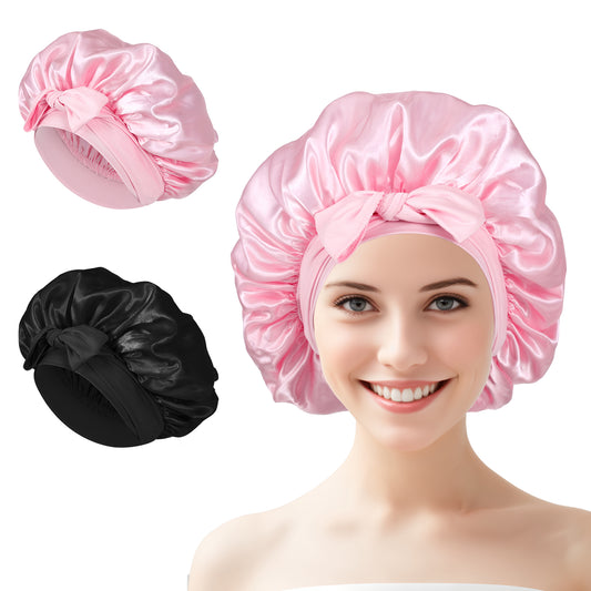JIYIN 2PCS Satin Bonnet for Sleeping Women, Silk Hair Bonnet for Women with Tie Band, Silk Sleep Caps for Curly Hair(Black+Pink)