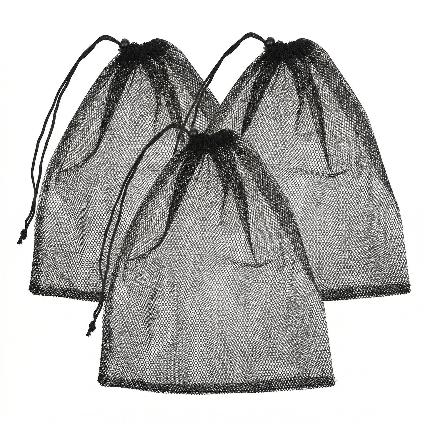 WJIAAA Net Bags, 3 Pcs Black Nylon Drawstring Mesh Bag, 13.78 x 15.75 Inch Large Laundry Storage for Beach Pool Toys Travel Sports