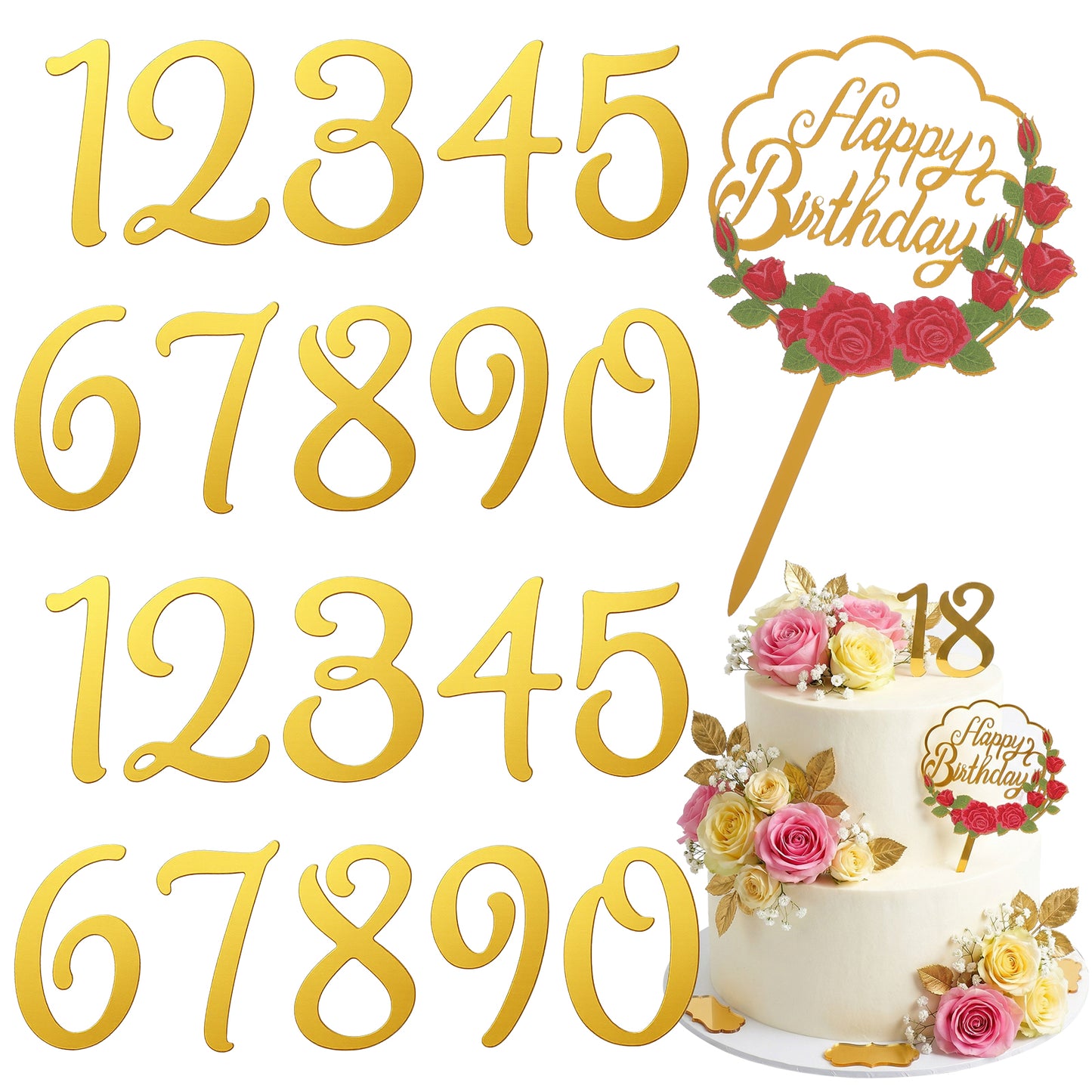 DOPENSPI 20PCS Acrylic Number Cake Topper, 0-9 Gold Number for Cake Acrylic Numbers Picks BirthdayCake Toppers Numbers 0-9 for Birthday Anniversary Baby Shower Party