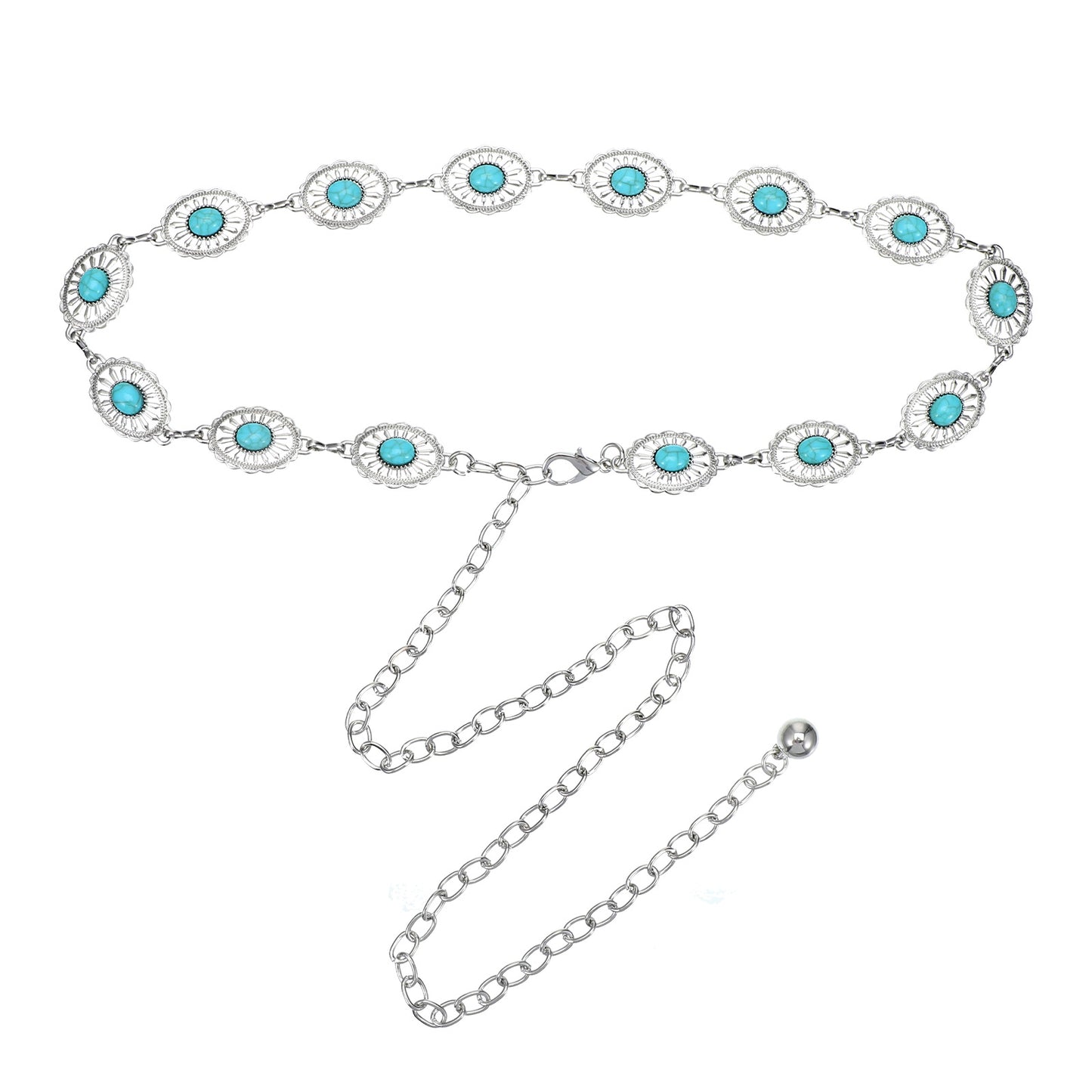BOHUIZ Turquoise Belts, Women Metal Waist Chains Belt Silver Western Chain Belt, Oval Round Flower Adjustable Chain for Women Dresses Jeans