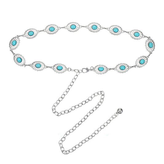 BOHUIZ Turquoise Belts, Women Metal Waist Chains Belt Silver Western Chain Belt, Oval Round Flower Adjustable Chain for Women Dresses Jeans