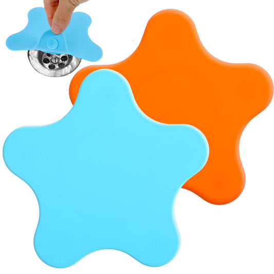 BOHUIZ 2 Pack Bathtub Drain Stopper, 5 inch Silicone Tub Stopper Shower Drain Cover, Adorable Pentagram Illustration Flat Suction Cover for Kitchen Bathroom Accessories and Laundry(Gray, Blue)