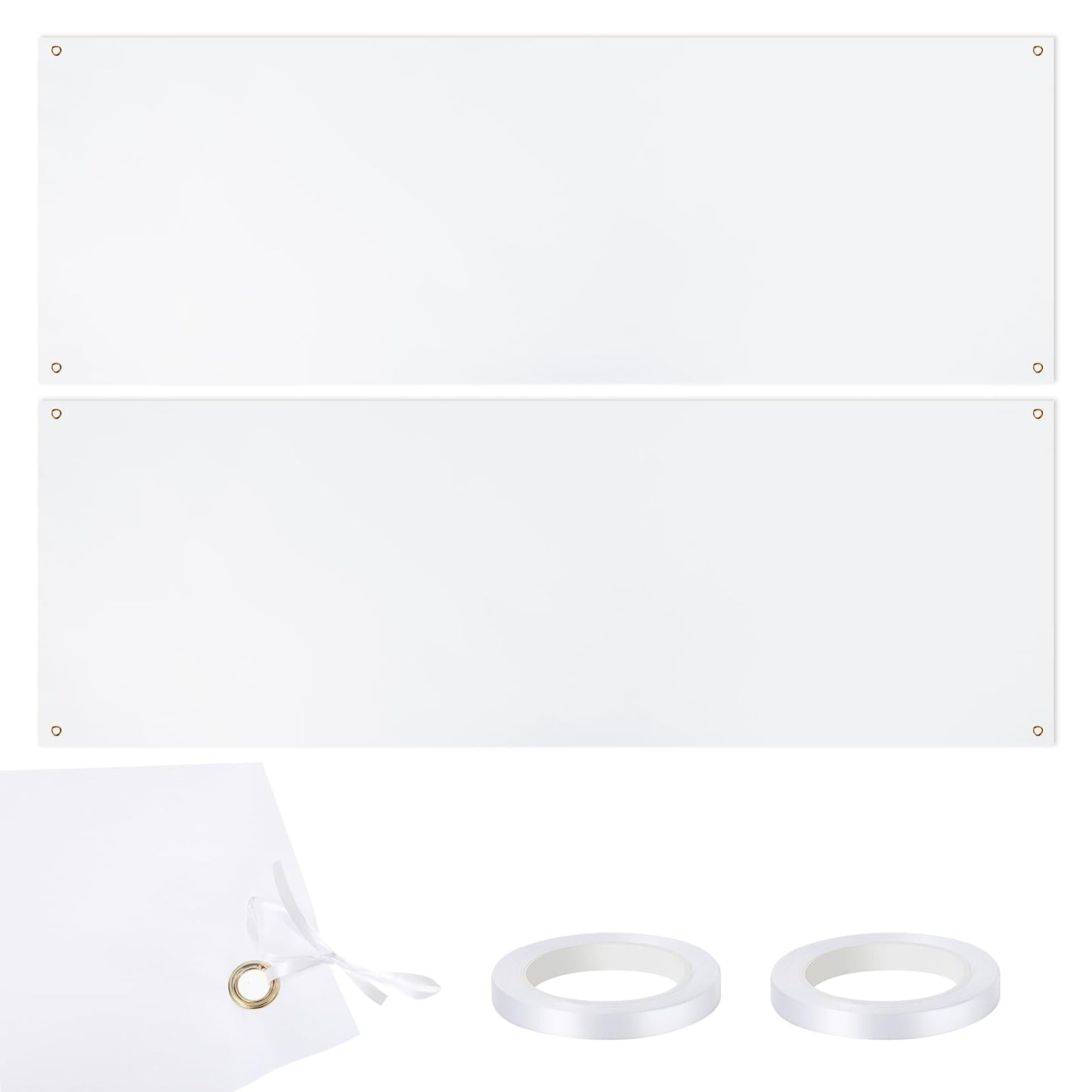 Giantree 2 Pcs Large Blank Banners, 2 x 6 Feet White Banner Signs Polyester Oxford Sublimation DIY Banner with Hanging Rope for Indoor Outdoor Display Wedding Party Decoration Painting Writing