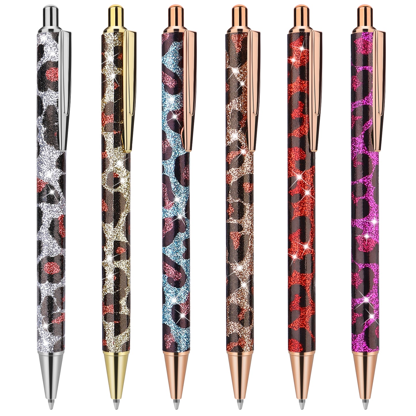 Molain 6 Pcs Bling Sparkly Metal Pens, Retractable Ballpoint Cute Glitter 1.0mm Black Ink Fine Point Gift Writing Journaling for Kids Students Teachers Drawing Gift(Leopard Pattern), 543396_5-LYJ-1