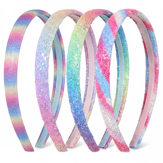 HJZHII 4 Pcs Glitter Headbands for Girls, Rainbow Headband Hairbands Non-Slip Glitter Girls Headbands Pink Rainbow White Headband Bling Head Bands Hair Accessories