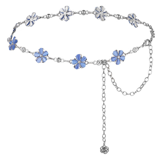 JIEYAO Metal Waist Chain Belts for Women, Small Flower Silver Belts Adjustable Boho Waist Chains for Dresses Jeans(blue)