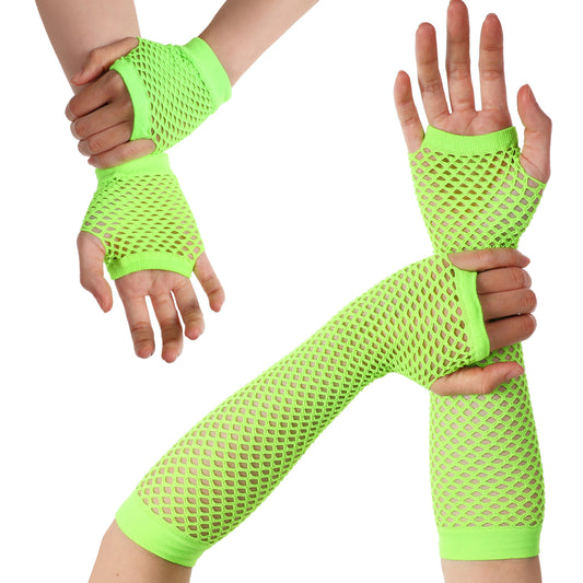 LXUEJIE 2 Pairs Fishnet Gloves Fingerless for Women, 80s Fishnets Fingerless Gloves for Goth Halloween Party Costume Cosplay(Green)