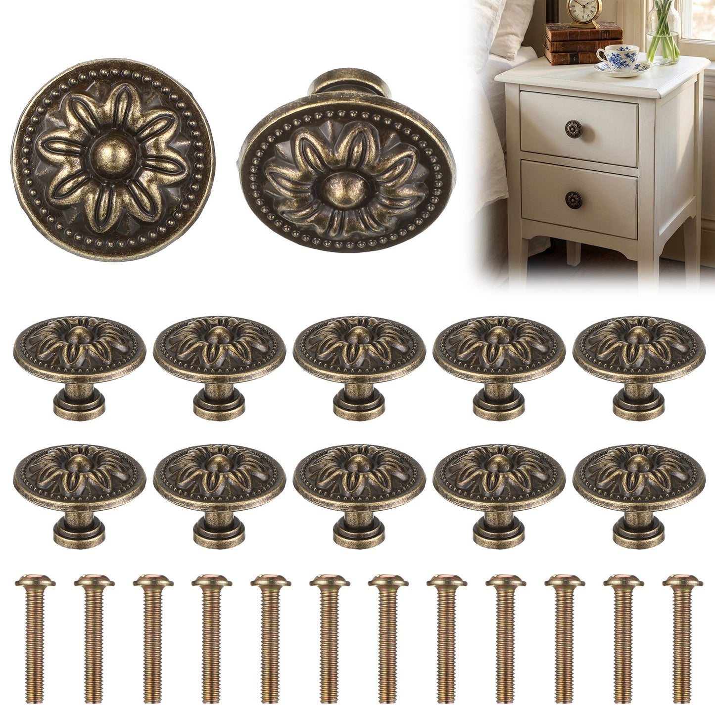 SHENLIU 12 Pcs Antique Bronzy Cabinet Knobs, Vintage Cabinet Handles Brass Drawer Knobs Retro Drawer Pull Handles of Drawers Furniture Cupboard Dresser Wardrobe Door