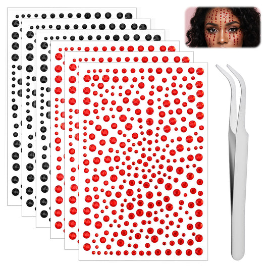 Andibro Red and Black Face Gems, Self-Adhesive Rhinestone Set Hair Gems with Tweezers 3/4/5/6mm Face Jewels for Halloween Makeup Festival and DIY Crafts
