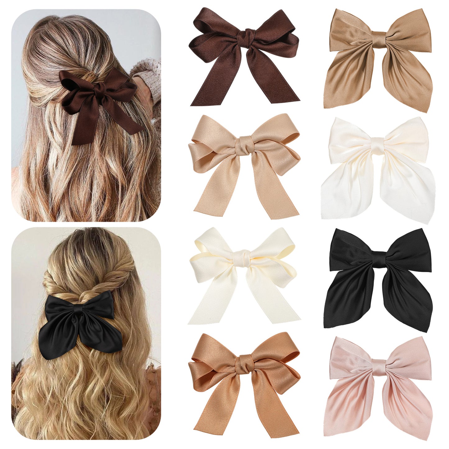 XLIUAX 8 PCS Bow Hair Clip, Soft Satin Hair Bows Barrettes Solid Color 2 Sizes Bow Clips for Women Girls Curly Straight Hairs