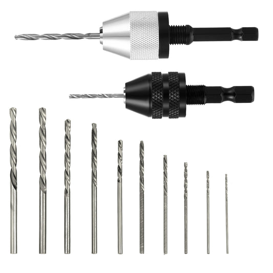 JIYIN 2Pcs Drill Chuck Adapter Keyless with 10Pcs Drills, 1/4 Inch Hex Shank Fast Change Converter for Impact Driver, Fast Change Impact Drill Chuck Adapter for Tool Attachment