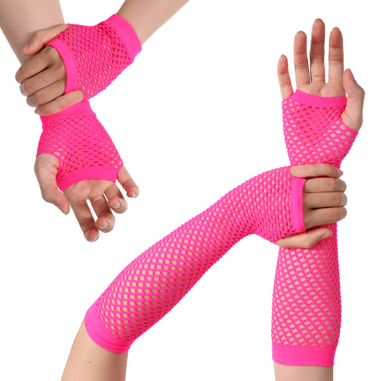 LXUEJIE 2 Pairs Fishnet Gloves Fingerless for Women, 80s Fishnets Fingerless Gloves for Goth Halloween Party Costume Cosplay(Pink)