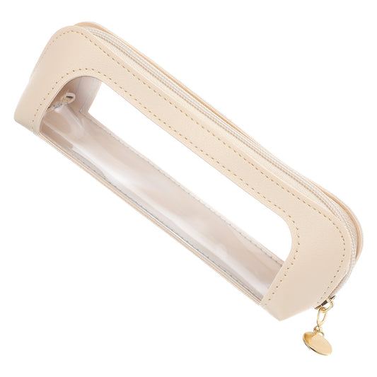 MBAIYO Small Clear Makeup Bag, PU Leather Travel Makeup Brush Case Portable Transparent Waterproof Cosmetic Organizer Pouch with Zipper for Women Home Office Essentials(White)