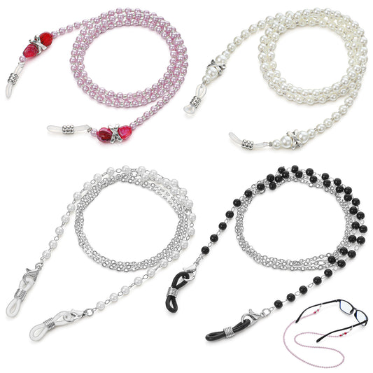 Amaxiu 4 Pcs Eyeglasses Chain, Pearl Glasses Chain for Women Eyeglass Face Mask Chains Adjustable Anti-Slip Beaded Eyeglass Straps Lanyard for Reading Sunglasses