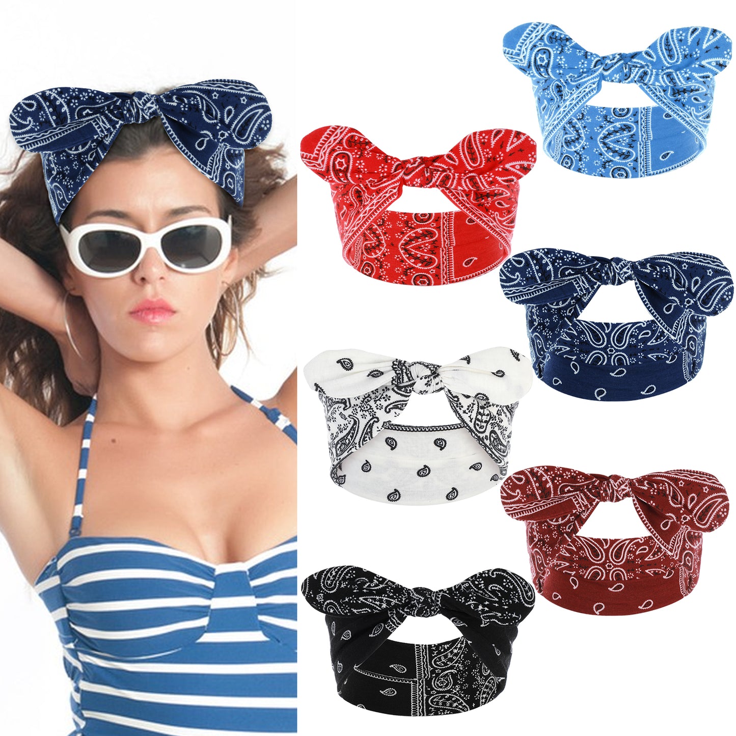 JIEYAO 6 Pcs Bow Headbands for Women, Boho Bownot Bandana, Printed Knotted Hair Bands Cute Rabbit Ear Headwraps Yoga Hair Accessories Girls Strechy Cute Hair Decor for Makeup Running Sports