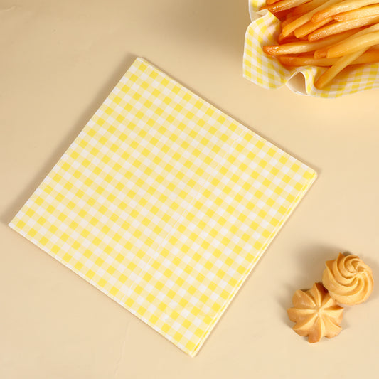 MBAIYO 100Pcs Wax Paper Sheets for Food, 7 x 7 Inch Greaseproof Basket Liners Checkered Deli Sandwich Wrapping Paper for Picnic BBQ Party(Yellow)