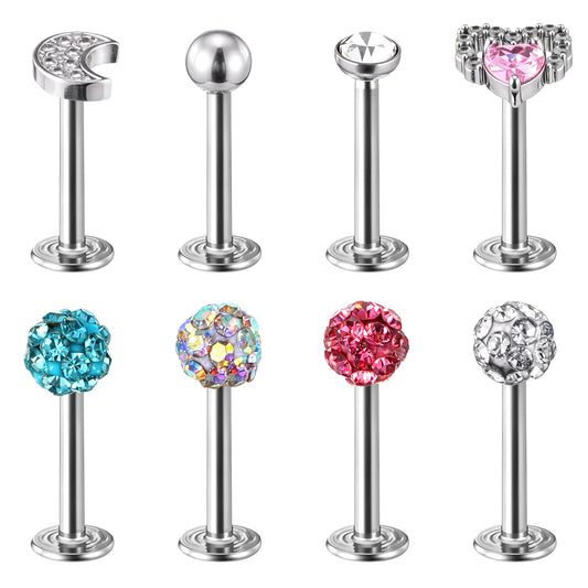MBAIYO 8PCS 16G Cartilage Tragus Earrings Surgical Steel Stainless Steel Helix Set Flat Back Piercing Moon Heart Ball Lip Bars Labret Stud Set 8mm