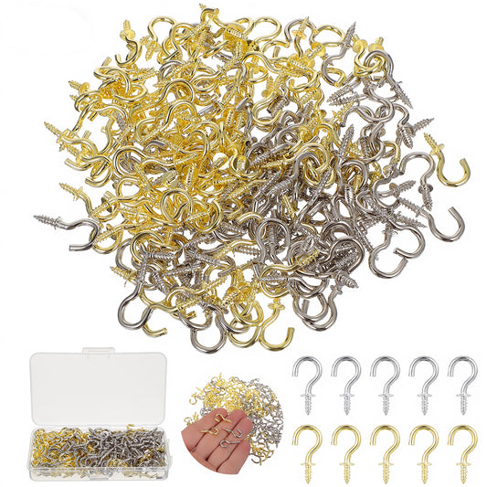 Cobee 200 Pcs Small Screw Hooks, 1/2 Inch Cup Screw-in Hook Metal Twist in Hooks, Gold Silver Hook for Hanging Plants Mug Arts Decorations