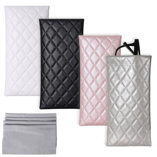 LXUEJIE 4 PCS Squeeze Top Sunglass Pouch, 4 Colors Soft Leather Eyeglass Case with 4 Cleaning Cloths Portable Sunglass Organizer Pouch Bags for Glasses & Makeup