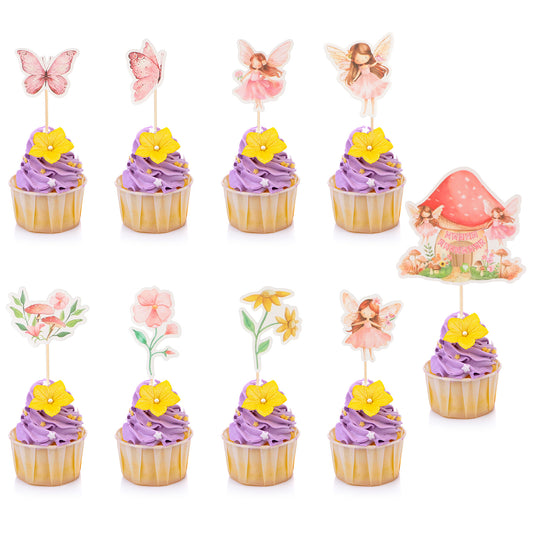 Andibro 25Pcs Fairy Cake Toppers, Pink Fairy Cupcake Topper Picks Fairy Birthday Party Decorations for Dessert Table Supplies