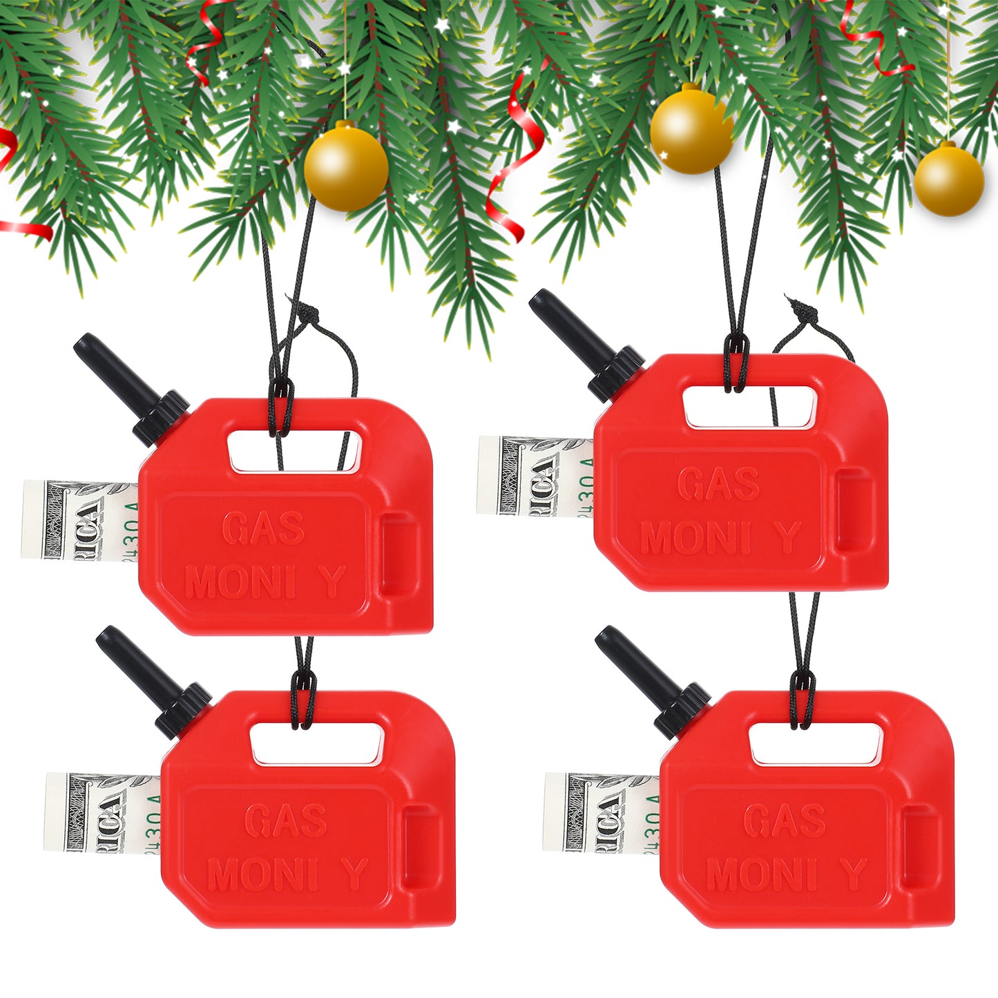 GEEHUA 4Pcs Gas Can Ornament, Christmas Money Holders 2024 New Gas Can Money Holder Hanging Ornaments Cute Red Gas Tank Decorative Funny Christmas Tree Money Clip Gift for Cash Roll