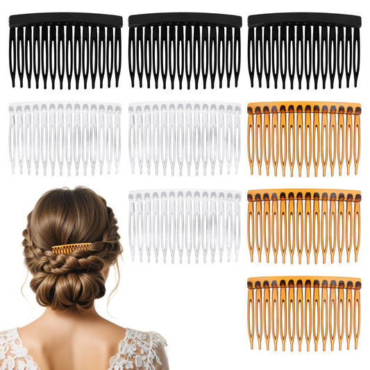 BOHUIZ 9 Pcs 14 Teeth Hair Side Comb Transparent Twist French Vintage Style Hair Clips Pins Accessories for Women Girls Bridal Wedding Veil Fine Hair, Wide (Black, Transparent, Light Coffee)