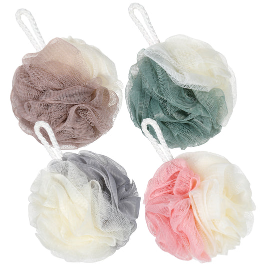 HJZHII 4 Pcs Loofah Shower Puff, Soft Bath Loofah Mesh Pouf Bath Sponge Loofahs Body Exfoliating Shower Ball Body Scrubber BathSponge Mesh BathScrunchies for Women Men (Two-Color)