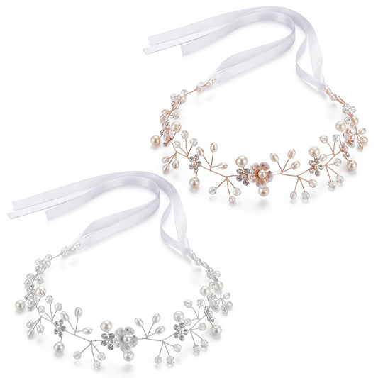 MBAIYO 2Pcs Flower Girl Hair Accessory, Pearl Flower Girl Headpiece Adjustable Wedding Headband for Girls Wedding Birthday Party First Communion Head Crown for Women Princess Flower Crown
