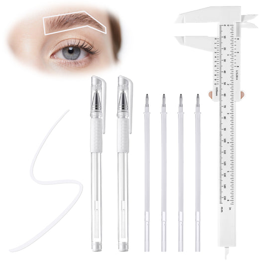 Bewudy Eyebrow Microblading Marker Pen, 2 Pcs Brow Mapping Pens with with 4 Replacement Refills and 1 Ruler, White Makeup Tattoo Skin Marker Pen, Brow Lamination Supplies for Eyebrow Lip Skin(White)