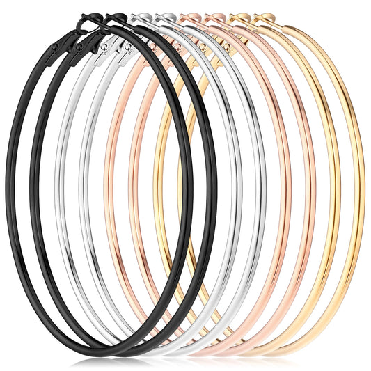 MBAIYO 4Pcs Stainless Steel Hoop Earrings, 50mm Large Circle Silver Hoop Cartilage Gold Silver Rose gold Black Oversize Earrings for Women