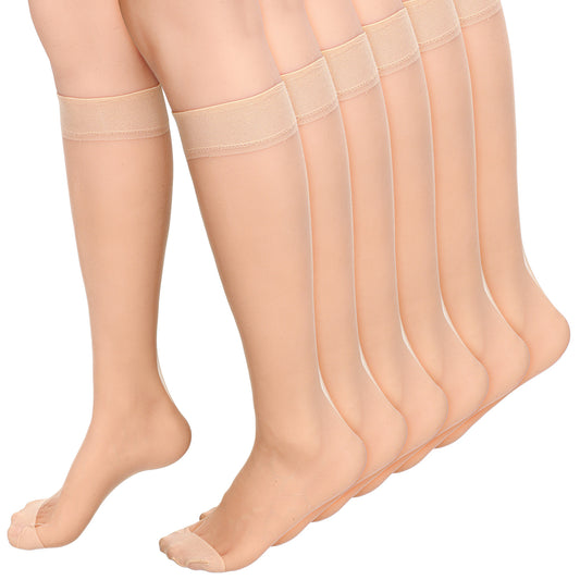 JJUNW 6 Pairs Knee High Stockings for Women, 15 Denier Sheer Nylon Socks Knee Highs Trouser Socks (Beige)