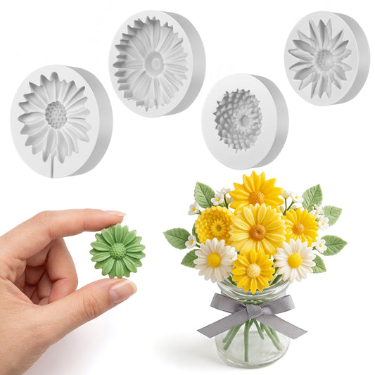 HJZHII 4Pcs Daisy Flower Silicone Mold for Candles, 3D Daisy Sunflower Flower Fondant Chocolate Cake Cupcake Topper Decoration Molds Silicone Flowers Moulds for Clay Candle Soap Making