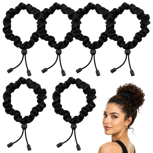 HJZHII 6Pcs Adjustable Black Hair Ties, Black Adjust Satin Hair Tie Satin Scrunchies Elastic Satins Headband for Women Girls Afro Puff Thick Curly Hairs Adjustable Loc Accessories for Blacks Women