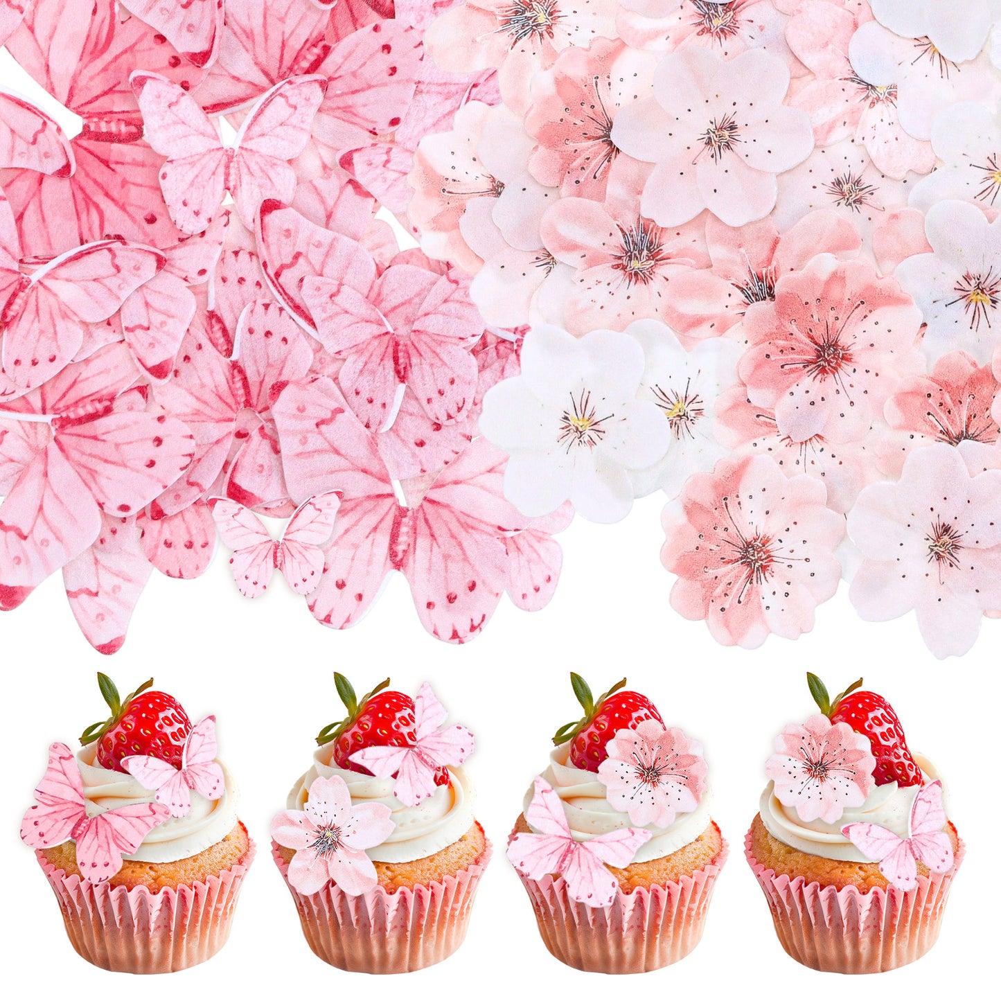 DOPENSPI 90PCS Edible Flowers Butterfly Cake Decoration, Pink Wafer Paper Butterfly Cupcake Toppers Edible Cherry Blossom Cake Topper Cakes Picks for Baby Shower Kids Birthday Wedding Decorations