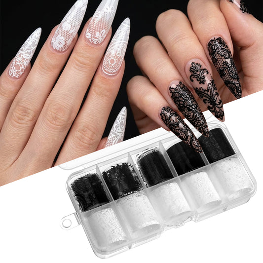 JJUNW 10 Rolls Nail Foil Transfer Sheets, Lace Nail Foil White and Black Nails Transfer Foil Flower Designs Art Sticker Decals for DIY Acrylic Nails Manicure Wrap Decoration Supply
