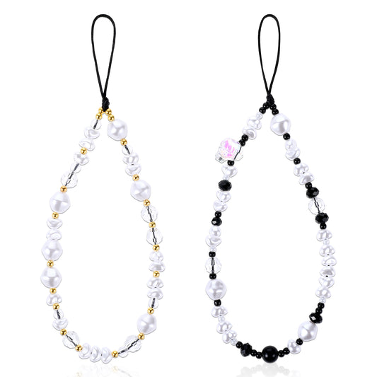 TIESOME 2 PCS Phone Charms Strap, Aesthetic Pearl Beaded Phone Wrist Strap with Tether Tab Cute Fashion Crystal Pearl Phone Anti-Lost Chains for Women Girls for Most Smartphones