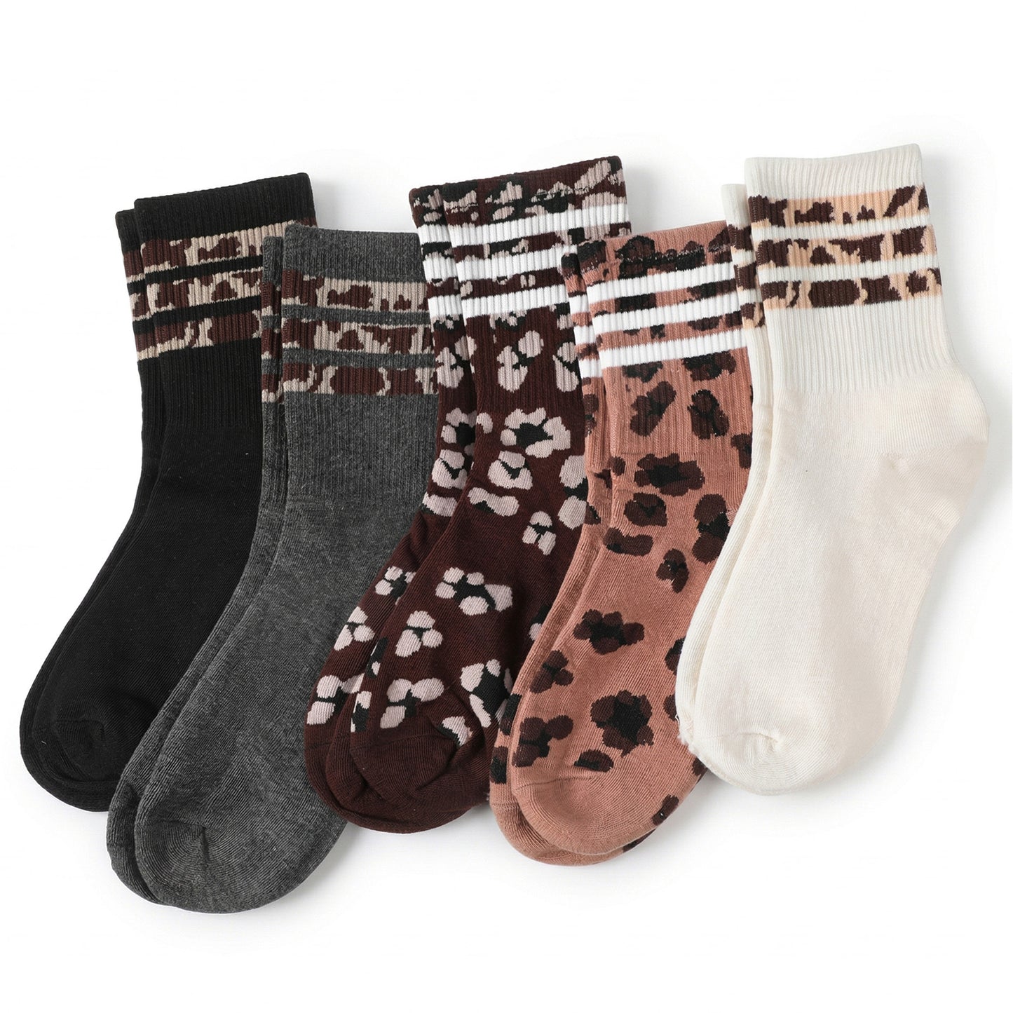 XLIUAX 5 Pairs Leopard Print Socks, Soft Novelty Leopard Animal Motif Crew Sock, Breathable Cotton Casual Sock, Fun Animal Print Socks for Women Gifts Everyday Home Hiking (b)