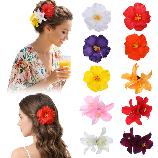 Amabro 10Pcs Bohemian Flower Hair Clips, Artificial Tropical Flower Hairpin Hawaiian Hibiscus Bridal Plumeria Hair Accessories for Women Seaside Holiday Hawaiian Beach Wedding Party(Multicolor)