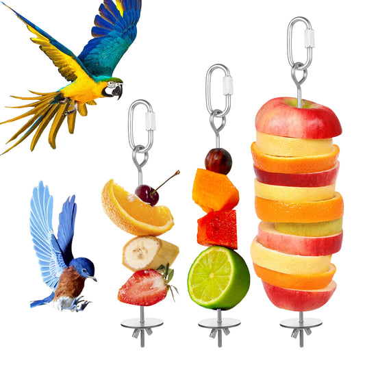 LIQWEI 3 Pack Bird Cage Food Holder, Rat Foraging Toys, Stainless Steel Parrot Fruit & Vegetable Skewer Hanging Foraging Toy for Parakeets, Budgies, Macaws