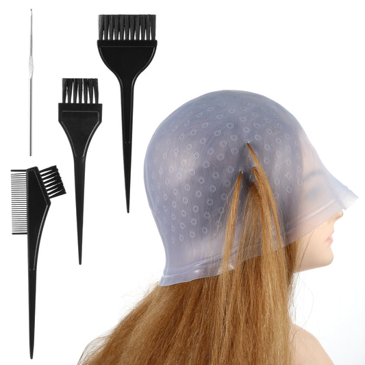 SHENLIU Punched Silicone Highlight Hair Cap with Needle Brushes Set,Reusable Highlighting Poked Hole Hooks for Salon Color Hairdressing Dyeing Staining Tools for Women Men(White)(Blue)