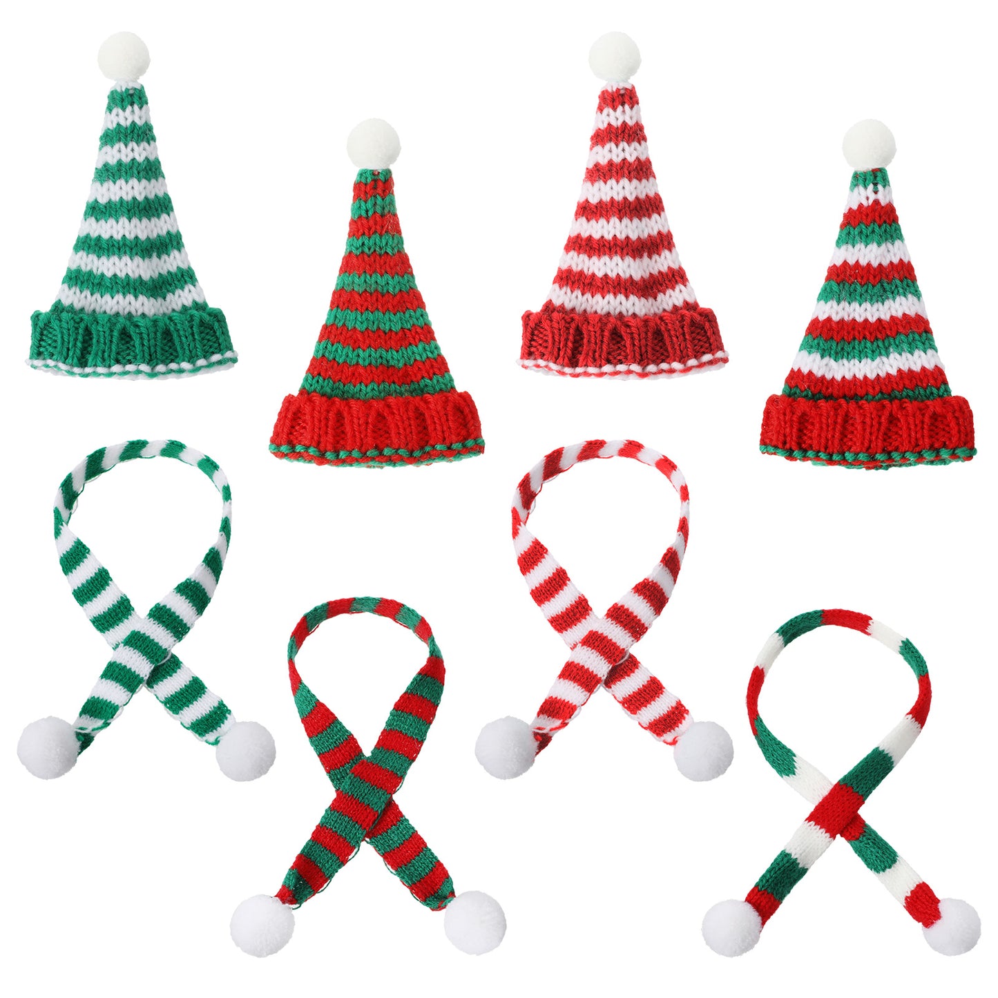 GEEHUA 8Pcs Christmas Mini Knit Doll Hat and Scarf for Crafts, Small Santa Knit Hat Snowman Scarf Christmas Doll Knit Decoration for DIY Craft Tiny Wine Bottle Elf Santa Doll Clothing Accessories