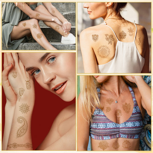 HJZHII Flower Fake Temporary Tattoos Stickers for Women, Waterproof Indian Lace Mandala Flower Pattern Glitter Art Sticker for Arm Body Hands Makeup Wedding Festival Party, 10 Pac(Gold)