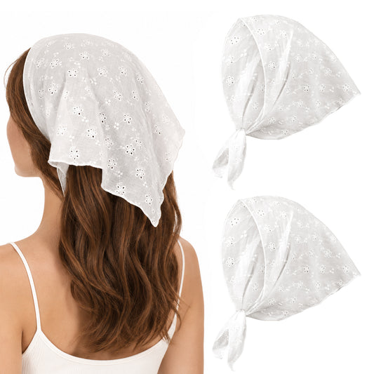 JJUNW 2 Pcs Lace Head Scarf, White Lace Head Bandana, Hollow out Floral Hair Bandana White Headband for Women Vintage Adjustable Kerchief Triangle Headscarf for Parties Dances Ballets