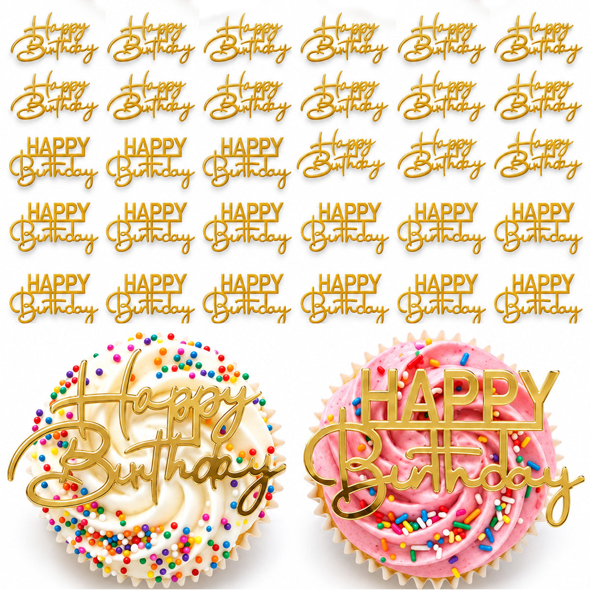 Andibro Birthday Cupcake Toppers, 30 Pcs Mini Gold Mirror Acrylic Cake Pick