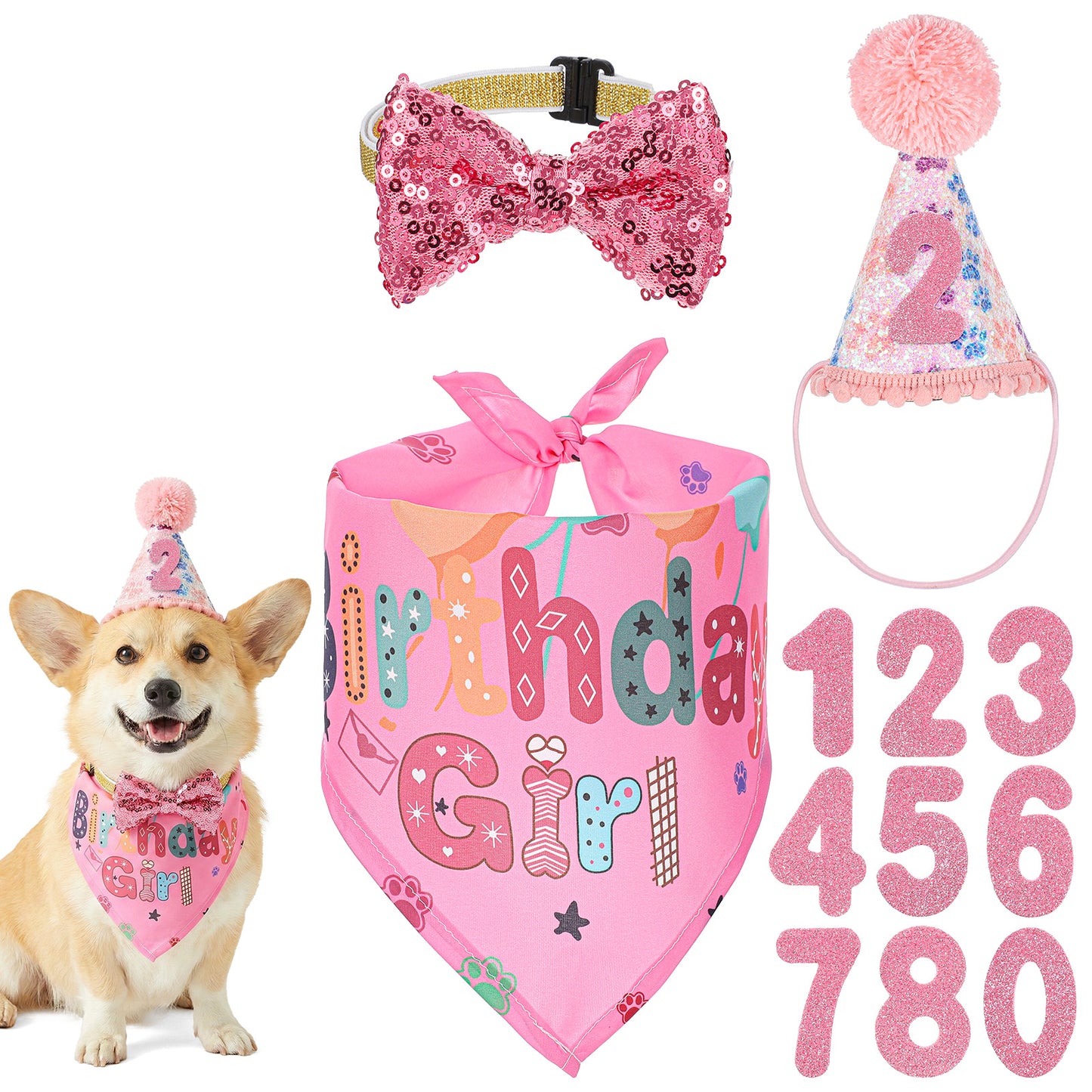 DOPENSPI Dog Birthday Bandana Set, Pink Dog Birthday Hat Triangle Scarf with Numbers and Bow Collar Cat Birthdays Party Supplies for Dogs Cat Puppy Pet Birthdays Decoration