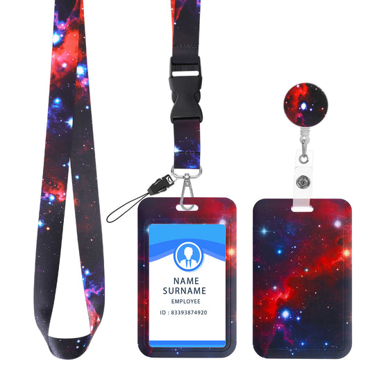Molain ID Badge Holder with Lanyard and Retractable Badge Reel Clip, Starry Sky ID Card Holder Set Retractable Badge Key Reel Breakaway Crossbody Lanyards Around The Neck for Women(Starry-Red)